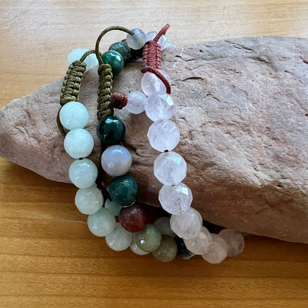 Stack Of Three Faceted-Bead Bracelets: Rose Quartz, Amazonite, And Mixed Jasper